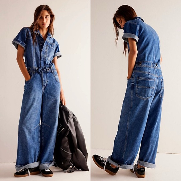New Free People Edison Denim Wide Leg Coverall Jumpsuit - Picture 1 of 7